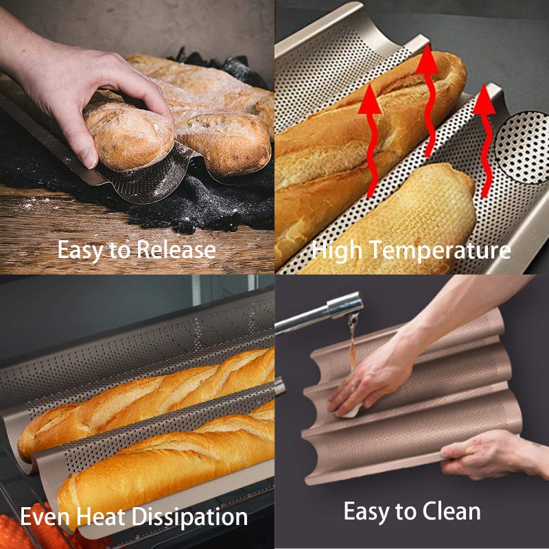 Hesanzol Baguette Pans for Baking 15" x 11", Carbon Steel 3 Loaf Nonstick Baguette Baking Tray for French & Italian Perforated French Bread Pan - Image 5